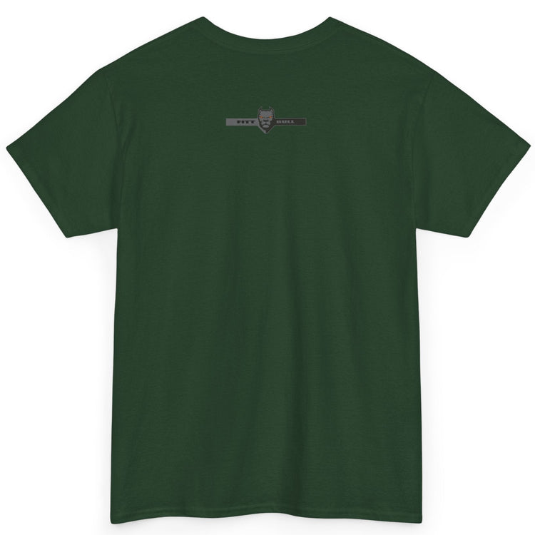 A Fitbull t-shirt with a Conquer motivational graphic design back dark green.