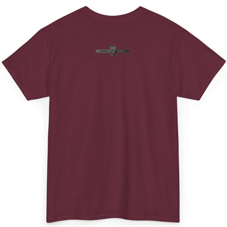 A Fitbull t-shirt with a Conquer motivational graphic design back maroon.