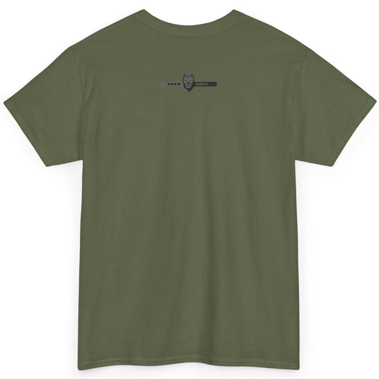 A Fitbull t-shirt with a Conquer motivational graphic design back military green.
