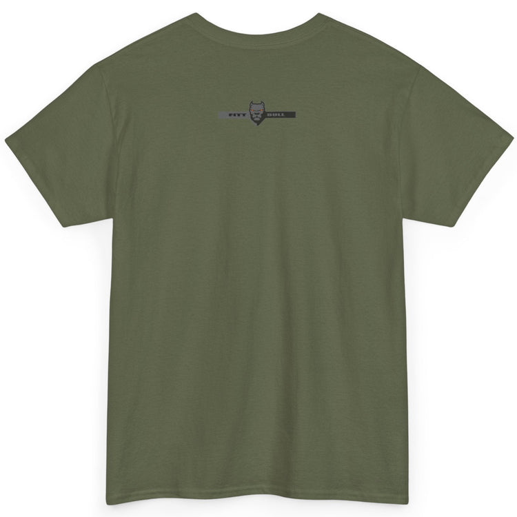 A Fitbull t-shirt with a Conquer motivational graphic design back military green.
