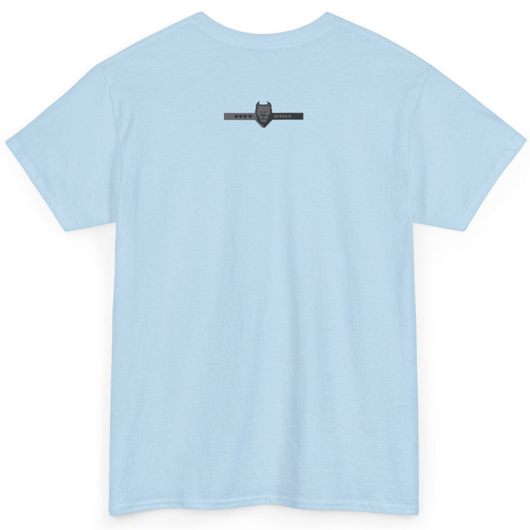 A Fitbull t-shirt with a Conquer motivational graphic design back sky blue.