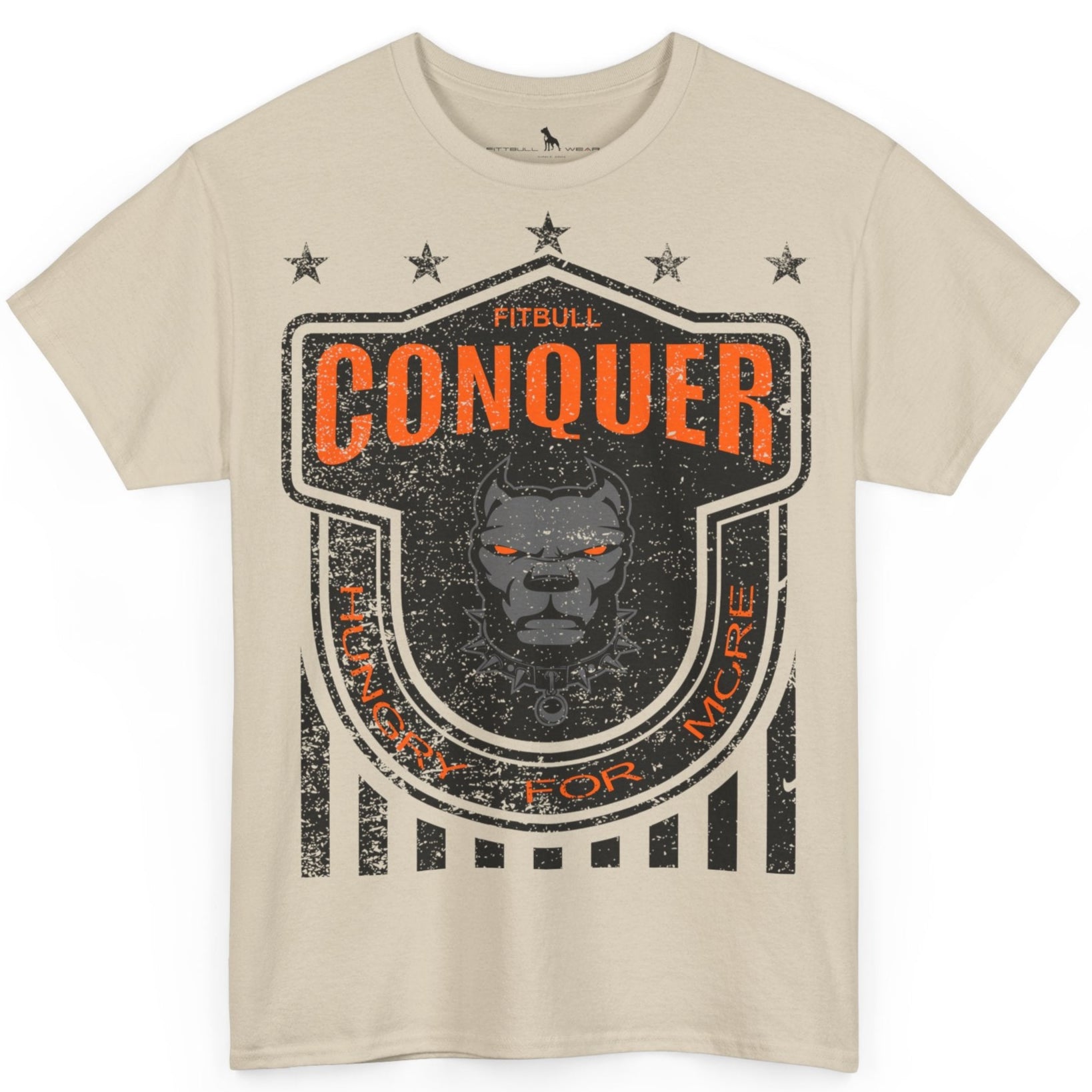 A Fitbull t-shirt with a Conquer motivational graphic design beige.