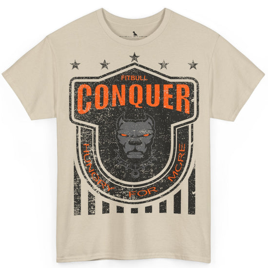 A Fitbull t-shirt with a Conquer motivational graphic design beige.