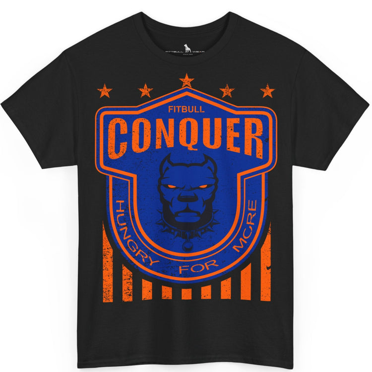 A Fitbull t-shirt with a Conquer motivational graphic design black.