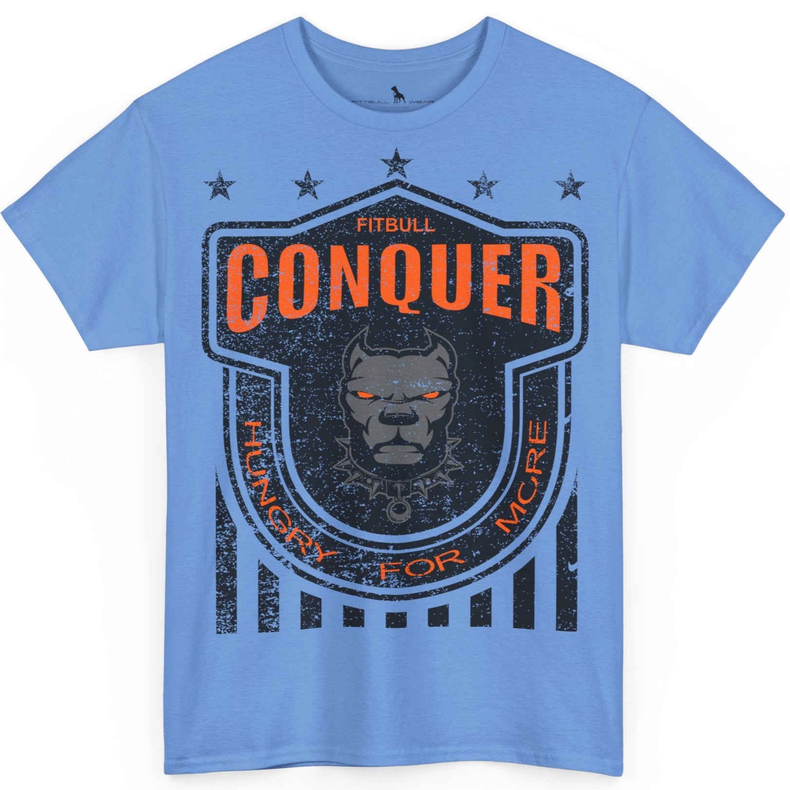 A Fitbull t-shirt with a Conquer motivational graphic design carolina blue.