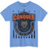 A Fitbull t-shirt with a Conquer motivational graphic design carolina blue.