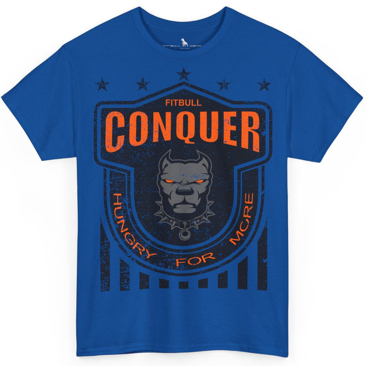 A Fitbull t-shirt with a Conquer motivational graphic design blue.