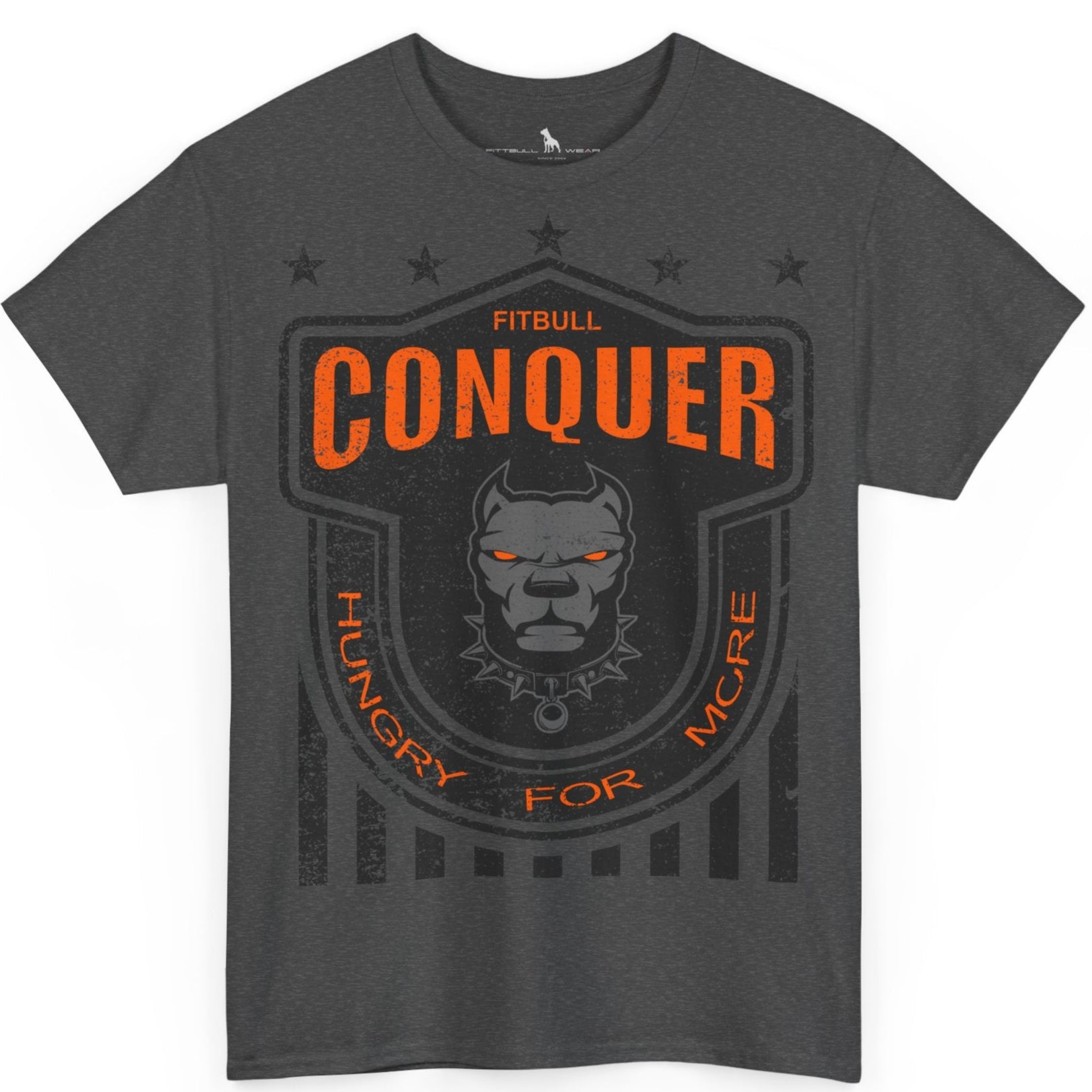 A Fitbull t-shirt with a Conquer motivational graphic design dark grey.