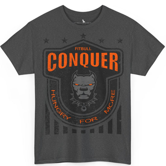 A Fitbull t-shirt with a Conquer motivational graphic design dark grey.