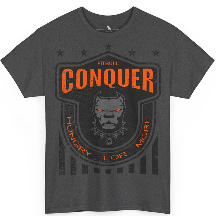 A Fitbull t-shirt with a Conquer motivational graphic design dark grey.