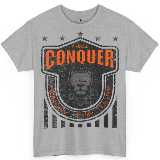 A Fitbull t-shirt with a Conquer motivational graphic design grey.