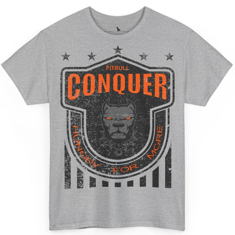 A Fitbull t-shirt with a Conquer motivational graphic design grey.