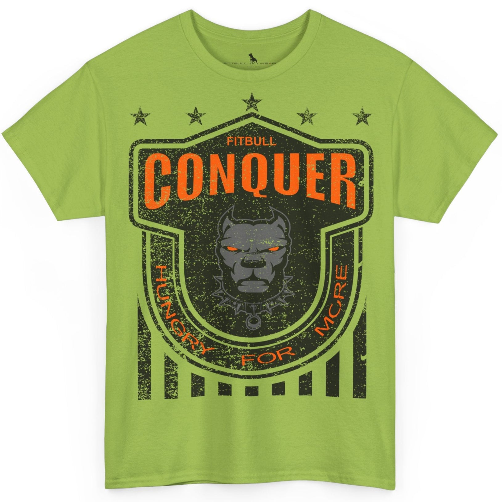 A Fitbull t-shirt with a Conquer motivational graphic design kiwi green.