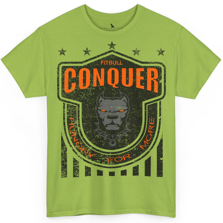 A Fitbull t-shirt with a Conquer motivational graphic design kiwi green.