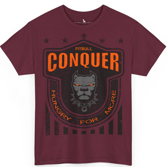 A Fitbull t-shirt with a Conquer motivational graphic design maroon.