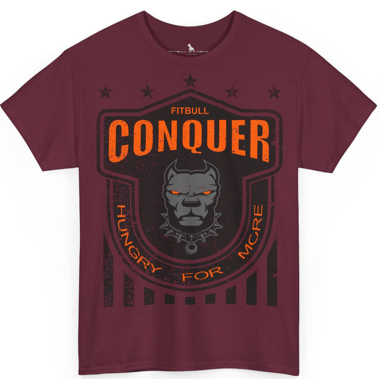 A Fitbull t-shirt with a Conquer motivational graphic design maroon.
