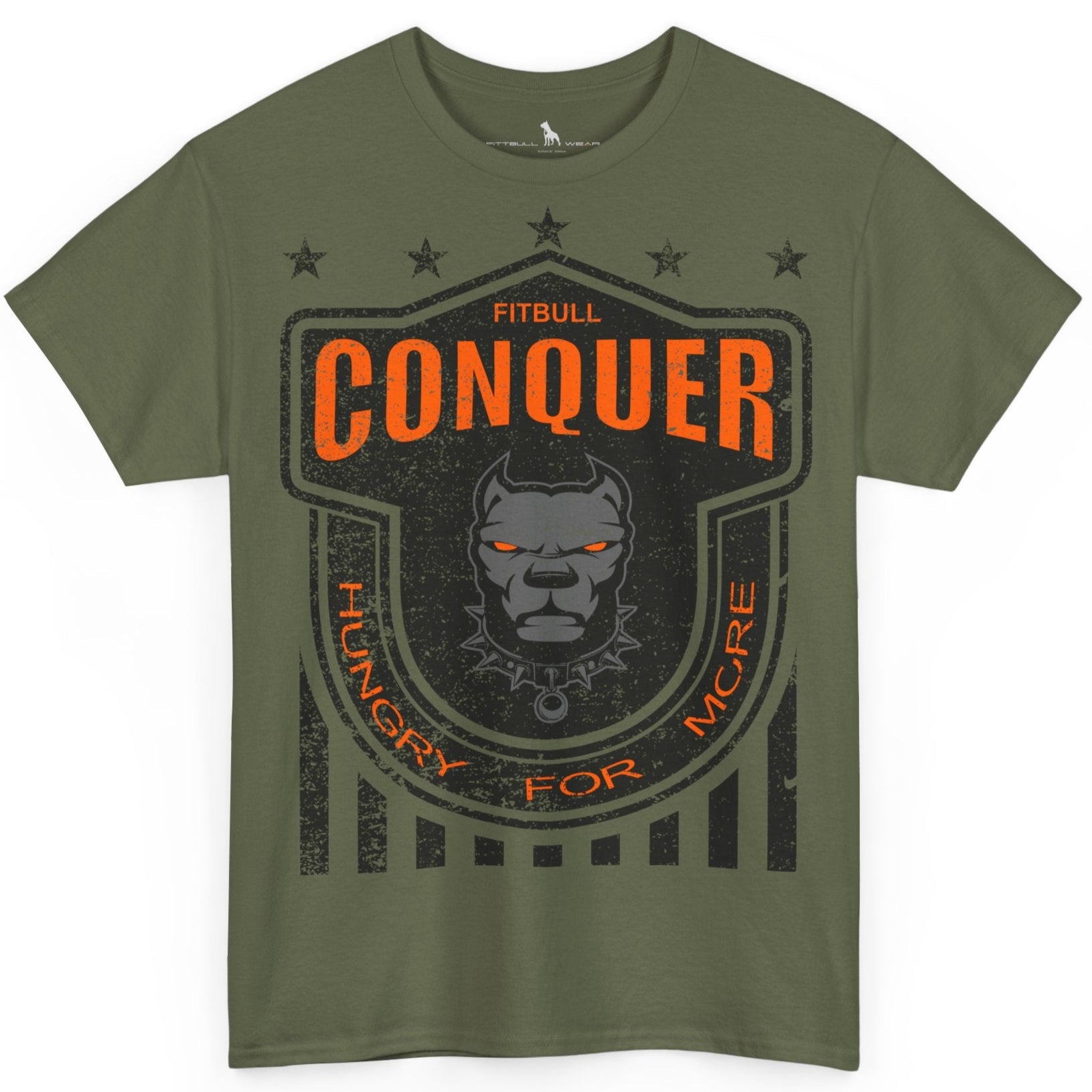 A Fitbull t-shirt with a Conquer motivational graphic design military green.