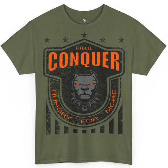 A Fitbull t-shirt with a Conquer motivational graphic design military green.