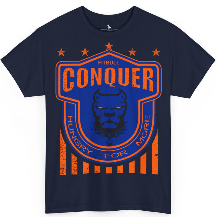 A Fitbull t-shirt with a Conquer motivational graphic design navy blue.