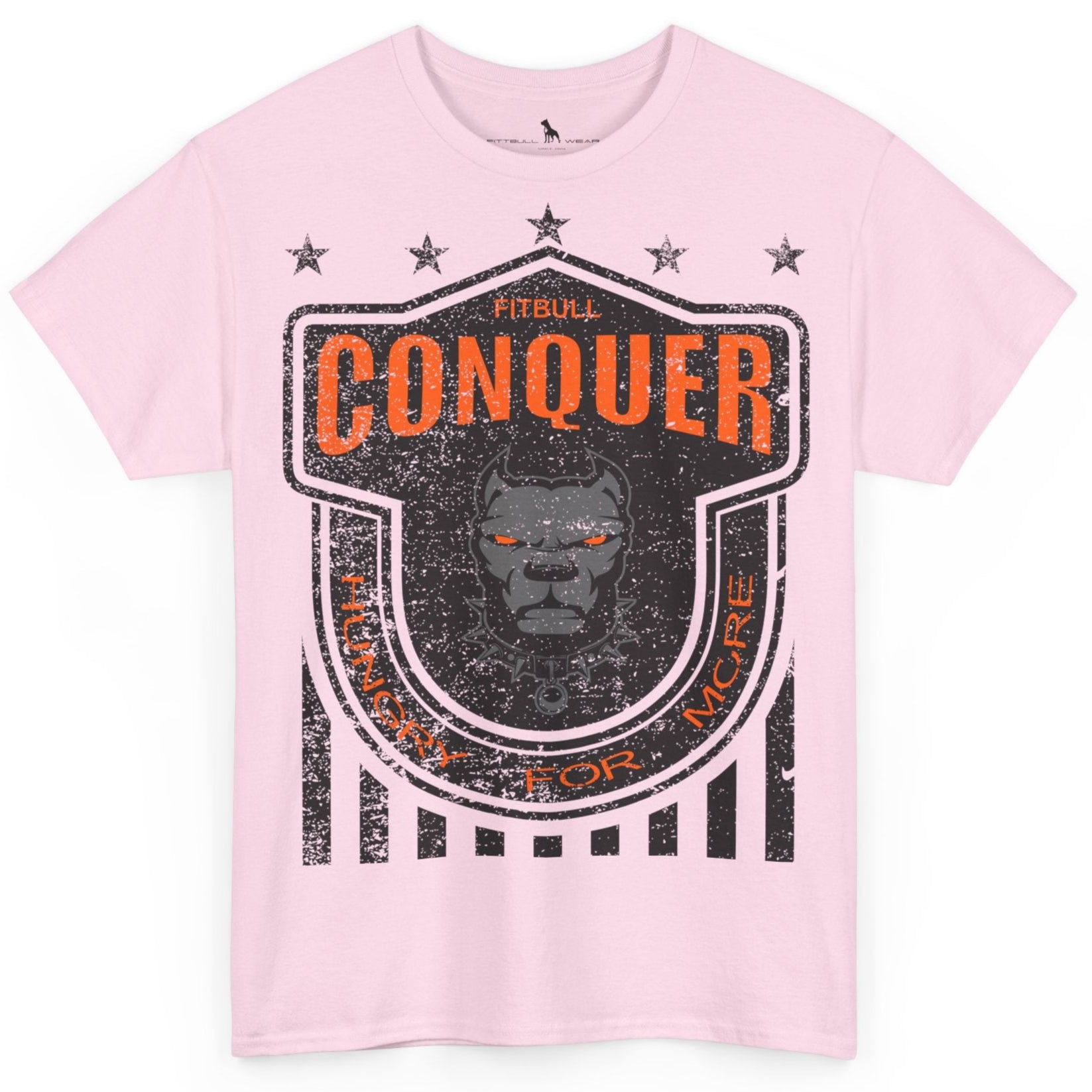 A Fitbull t-shirt with a Conquer motivational graphic design pink.