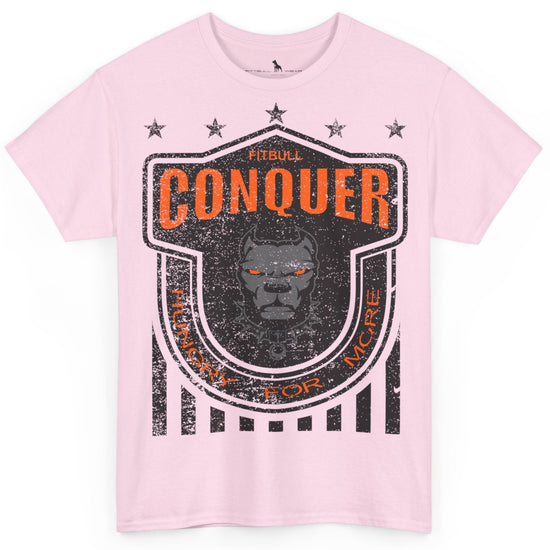A Fitbull t-shirt with a Conquer motivational graphic design pink.