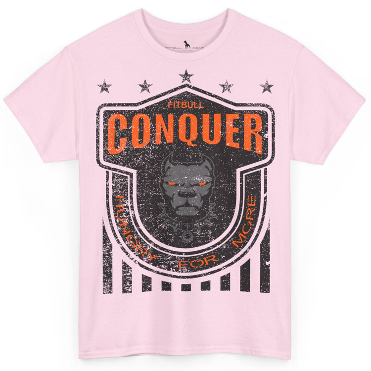 A Fitbull t-shirt with a Conquer motivational graphic design pink.