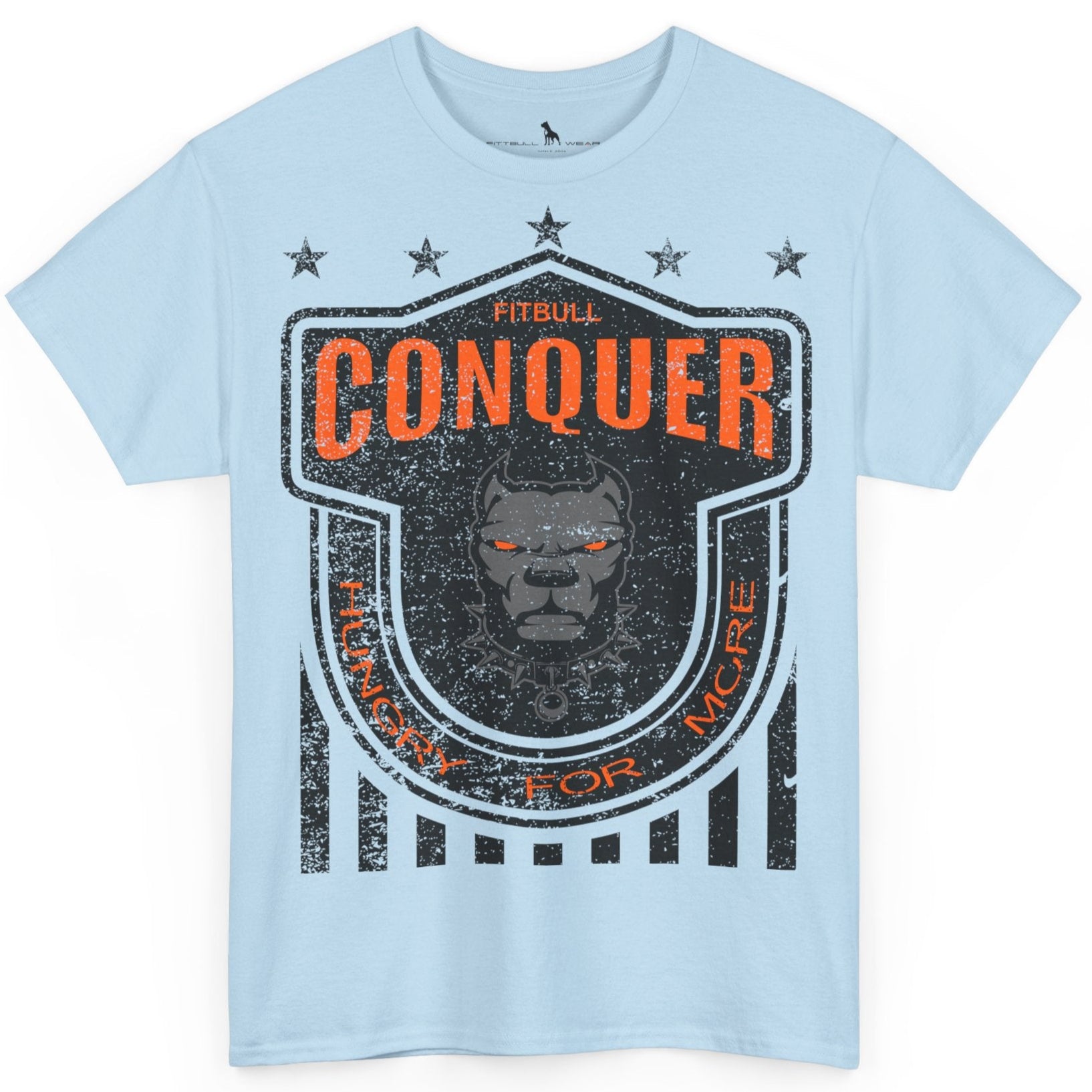 A Fitbull t-shirt with a Conquer motivational graphic design sky blue.