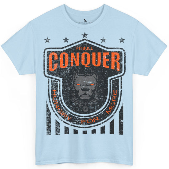 A Fitbull t-shirt with a Conquer motivational graphic design sky blue.