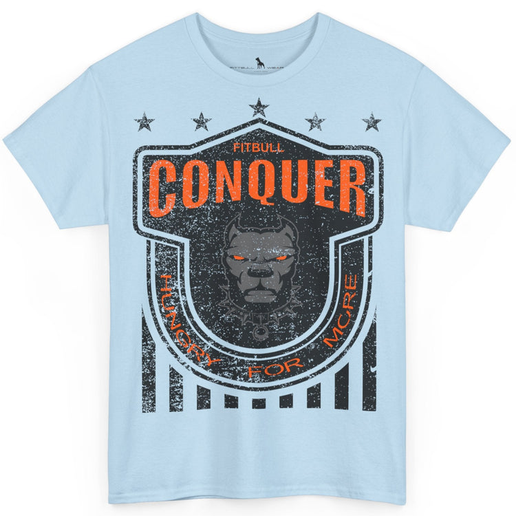 A Fitbull t-shirt with a Conquer motivational graphic design sky blue.