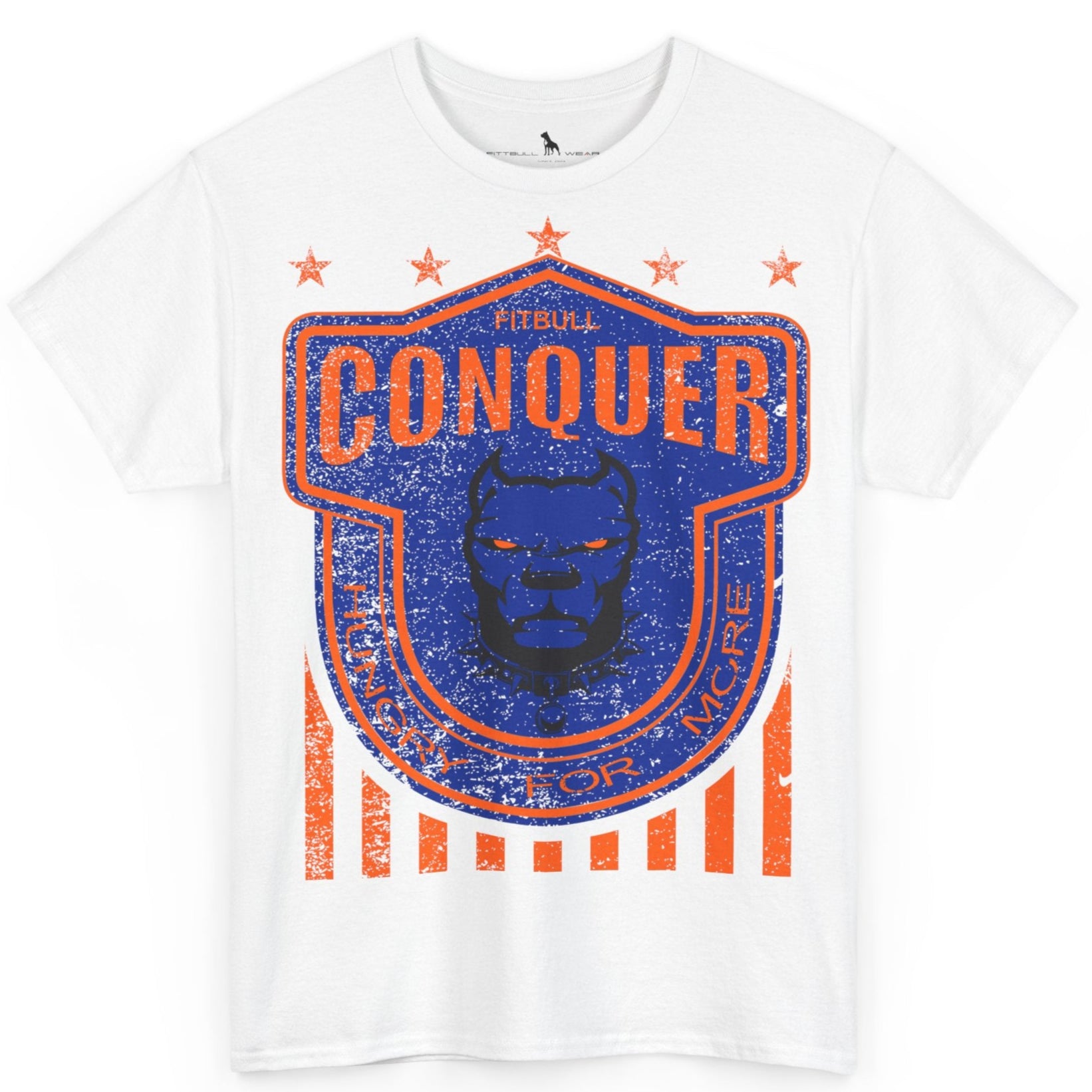 A Fitbull t-shirt with a Conquer motivational graphic design white.