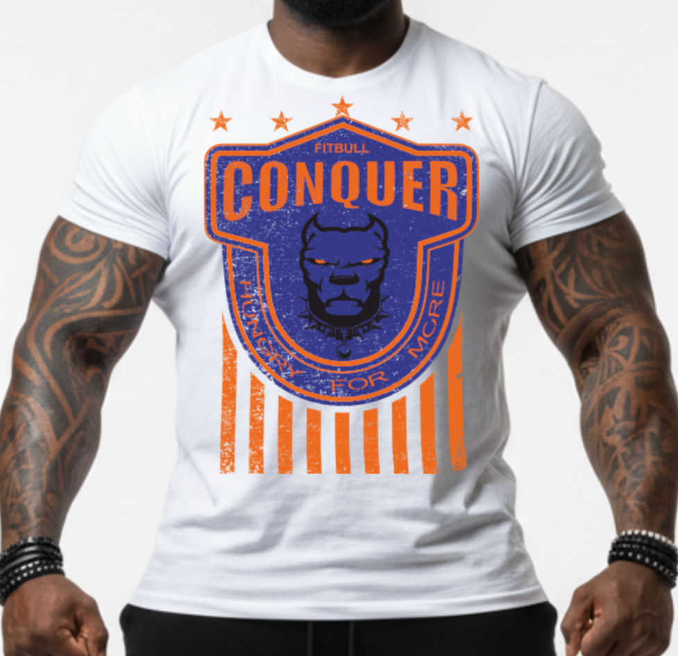 Person wearing a white Fitbull t-shirt with a Conquer motivational graphic design and black pants.