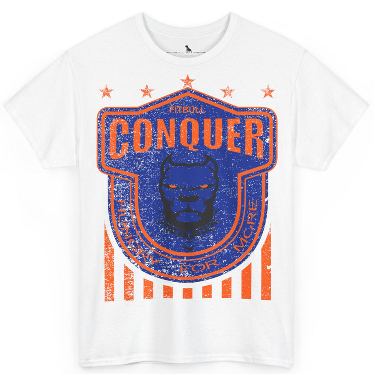 A Fitbull t-shirt with a Conquer motivational graphic design white.