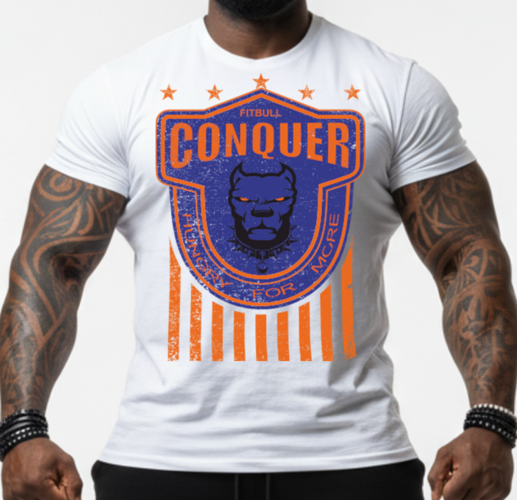 Person wearing a white Fitbull t-shirt with a Conquer motivational graphic design and black pants.