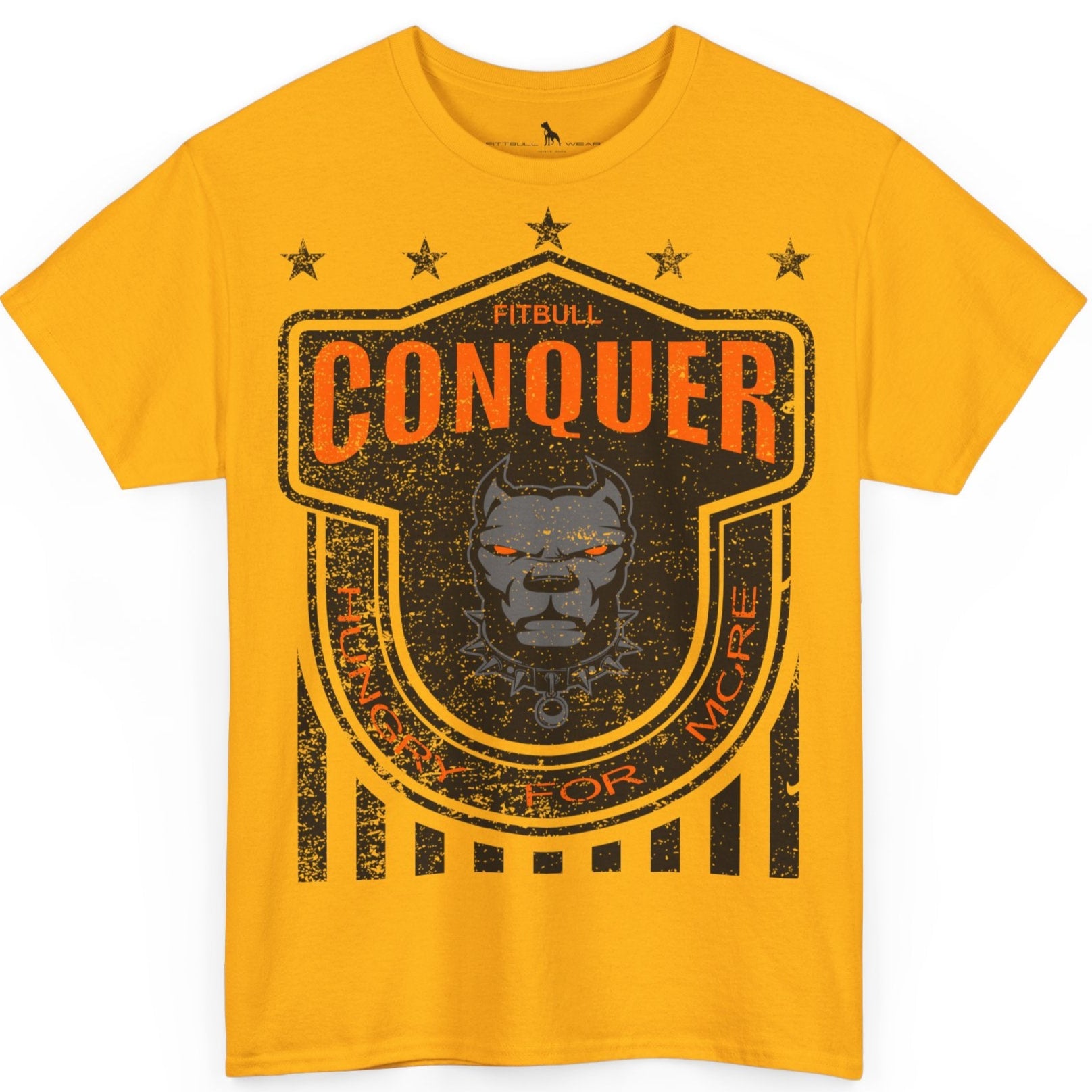 A Fitbull t-shirt with a Conquer motivational graphic design yellow.