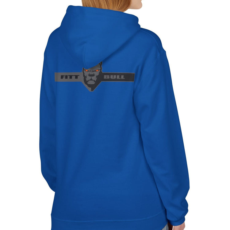 Fitbull sporty hoodie with bodybuilding motivating design Conquer with orange accents back blue left.