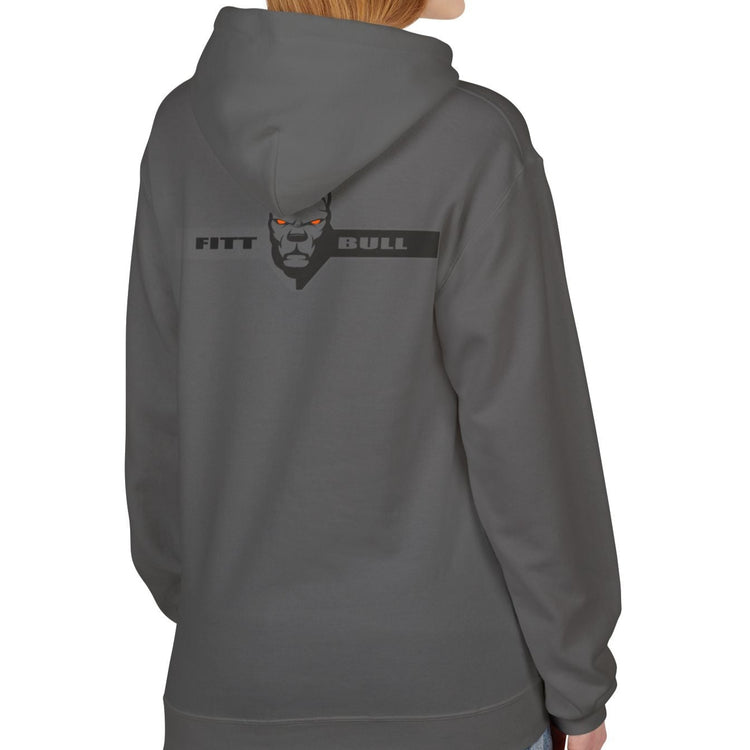 Fitbull sporty hoodie with bodybuilding motivating design Conquer with orange accents back charcoal left.