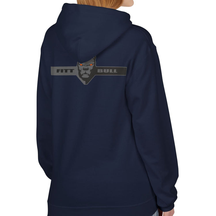 Fitbull sporty hoodie with bodybuilding motivating design Conquer with orange accents back navy left.