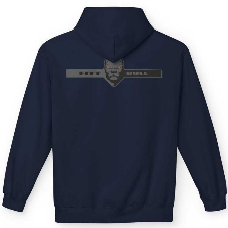 Fitbull sporty hoodie with bodybuilding motivating design Conquer with orange accents back navy blue.