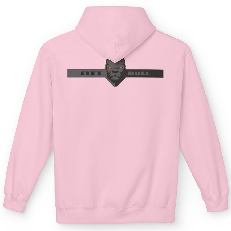 Fitbull sporty hoodie with bodybuilding motivating design Conquer with orange accents back pink.