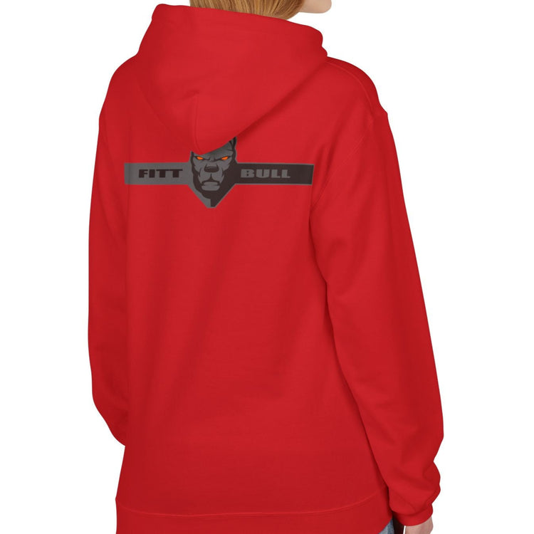 Fitbull sporty hoodie with bodybuilding motivating design Conquer with orange accents back red left.