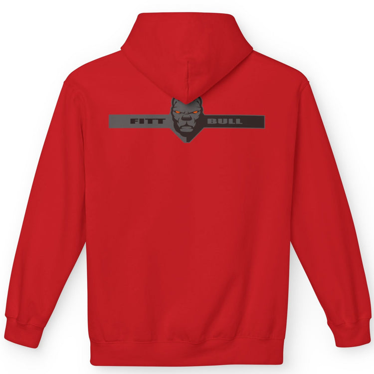 Fitbull sporty hoodie with bodybuilding motivating design Conquer with orange accents back red.