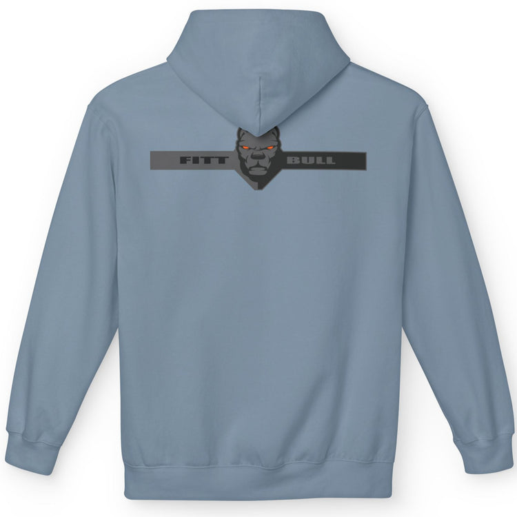 Fitbull sporty hoodie with bodybuilding motivating design Conquer with orange accents back stone blue.