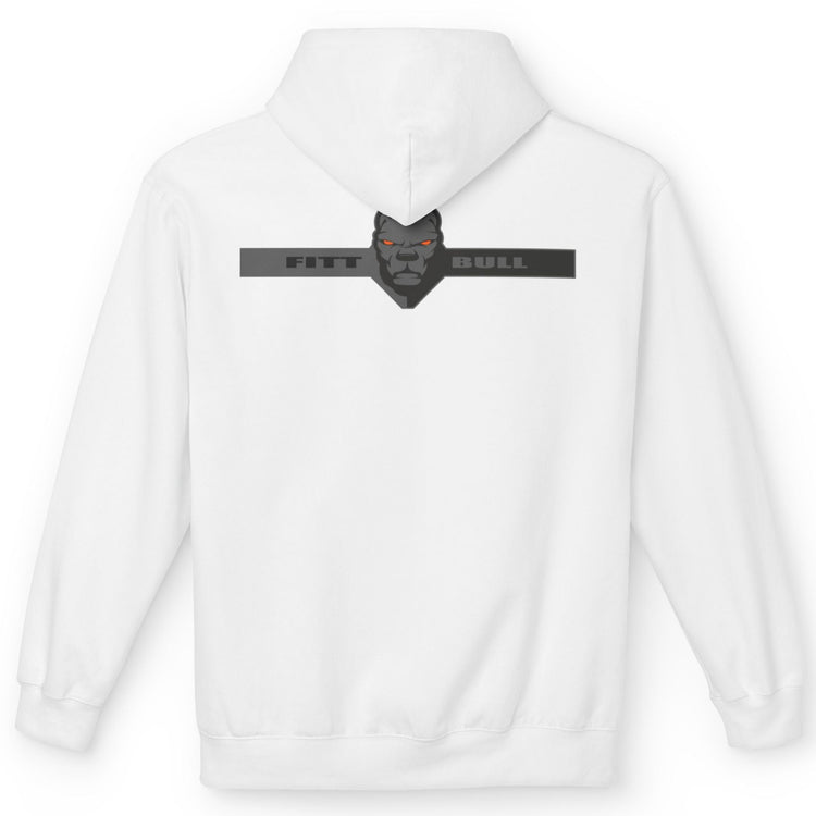 Fitbull sporty hoodie with bodybuilding motivating design Conquer with orange accents back white.