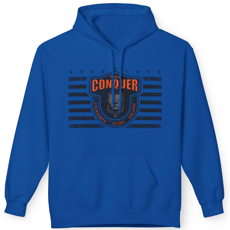 A blue Fitbull sporty hoodie with bodybuilding motivating design Conquer with orange accents.