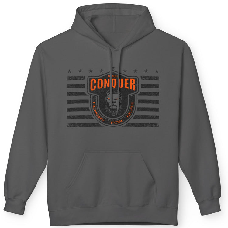 A charcoal Fitbull sporty hoodie with bodybuilding motivating design Conquer with orange accents.