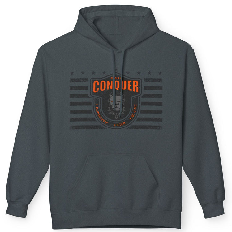 A dark grey Fitbull sporty hoodie with bodybuilding motivating design Conquer with orange accents.
