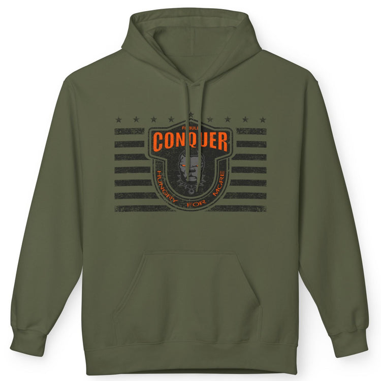 A military green Fitbull sporty hoodie with bodybuilding motivating design Conquer with orange accents.