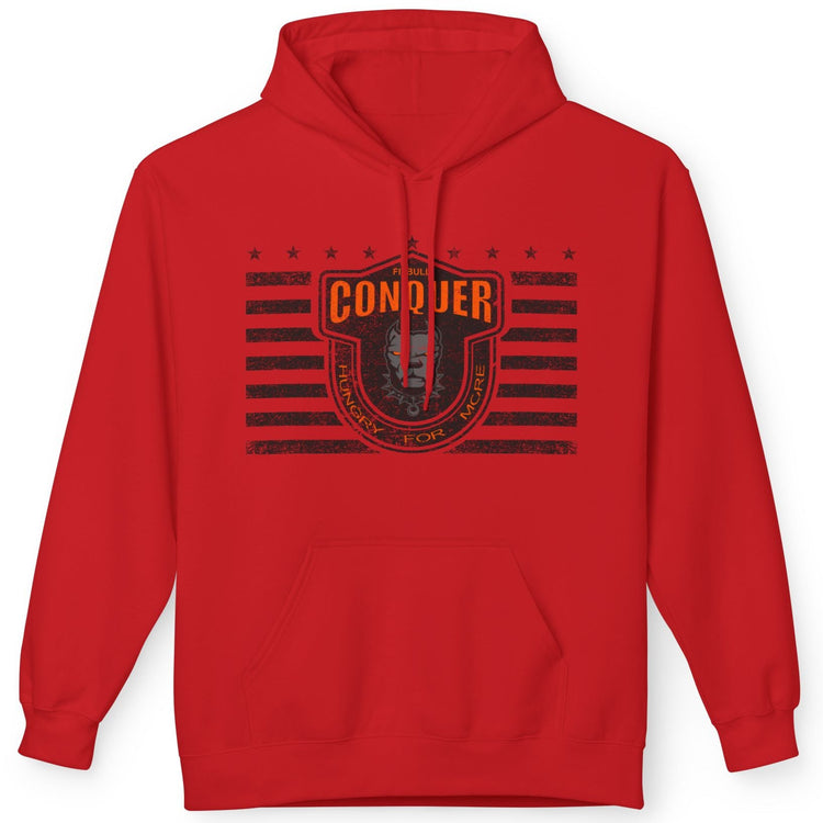 A red Fitbull sporty hoodie with bodybuilding motivating design Conquer with orange accents.