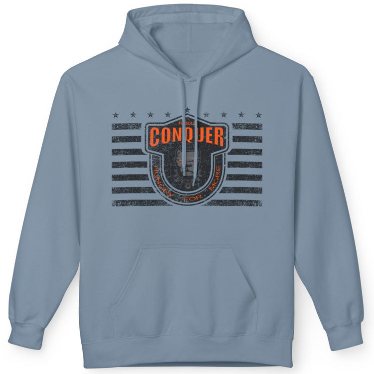 A stone blue Fitbull sporty hoodie with bodybuilding motivating design Conquer with orange accents.