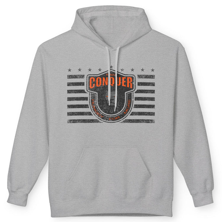 A grey  Fitbull sporty hoodie with bodybuilding motivating design Conquer with orange accents.